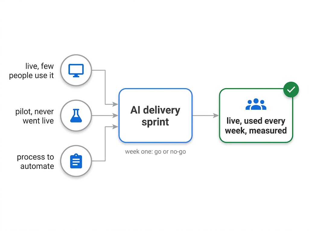 Three starting points, live but few people use it, a pilot that never went live, and a process to automate, leading through the AI delivery sprint to an AI workflow that is live, used every week and measured