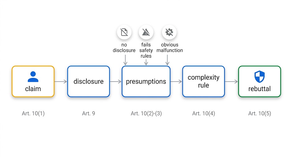 Ein Flussdiagramm zeigt den Weg eines Anspruchs über Beweisoffenlegung, gesetzliche Vermutungen, technische Komplexität und Widerlegung.